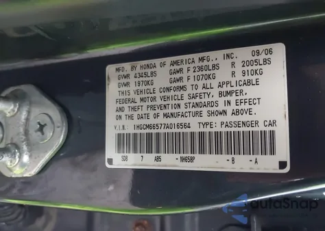 2007 Honda Accord 3.0 Ex from USA, damaged, VIN 1HGCM66577A016564